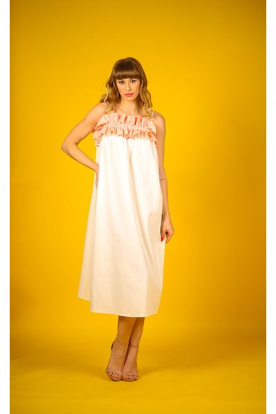 Rochie lejera din in ivoire cu volane roz si bretele Aurore Ivory