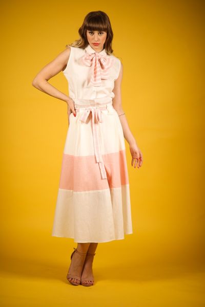 Fusta lunga din in in doua culori ivoire, roz si cordon Isabel 1