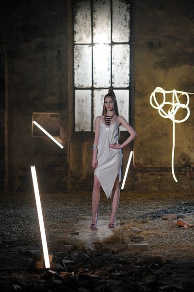 Rochie EVELINE SHINY IVORY – THE KINGDOM OF IVORY midi, eleganta si senzuala, asimetrica, cu bretele, din in ivoar peliculizat, perlat