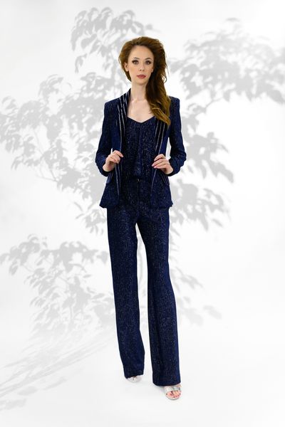 Costum bleumarin din catifea cu sacou, top si pantaloni Manish 