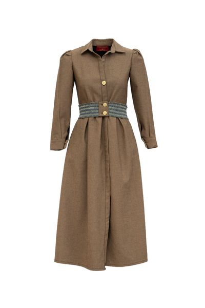 Rochie lunga din denim elastic caramel cu curea in talie si nasturi aurii Denim Caramel