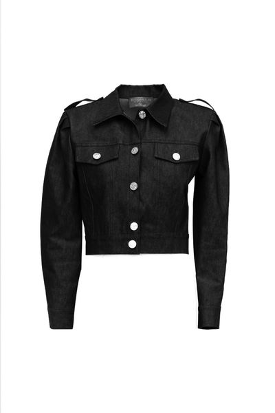 Jachetă scurtă din blugi elastica neagra cu nasturi aurii si buzunare Black Denim Jacket