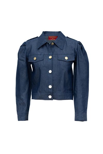 Jachetă scurtă din denim elastica albastru cu nasturi aurii si buzunare Dark Blue Denim Jacket
