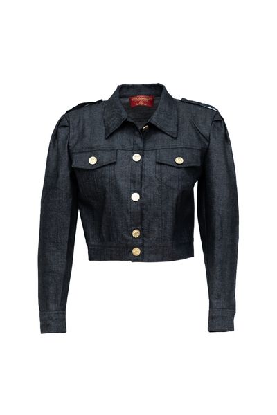 Jachetă scurtă din blugi elastica gri inchis cu nasturi aurii si buzunare Dark Grey Denim Jacket