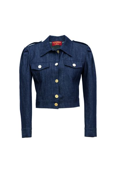 Jachetă scurtă din denim elastic albastru cu nasturi aurii si buzunare Light Blue Denim Jacket