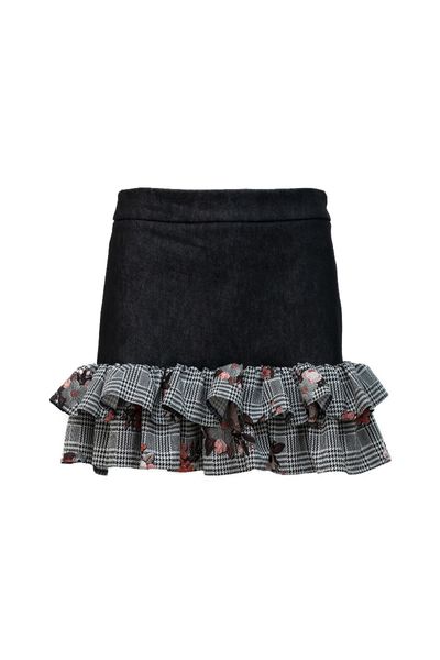 Fustă scurtă din denim elastic albastru cu 2 volane din vascoza cu flori caramel Short Denim Ruffles Skirt - Black Denim & Caramel Flowers