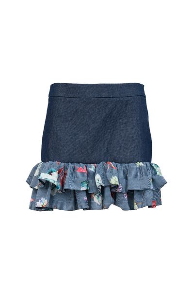 Fustă scurtă din blugi elastica albastra cu 2 volane din vascoza cu flori colorate Short Denim Ruffles Skirt - Light Blue Denim & All Colors Flowers