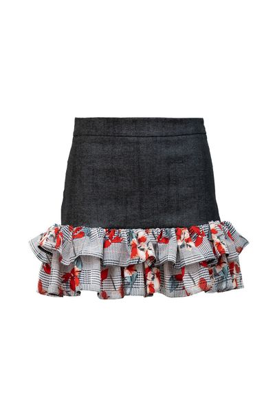 Fustă scurtă din blugi elastica gri inchis cu 2 volane din vascoza cu flori rosii Short Denim Ruffles Skirt - Dark Grey Denim & Red Flowers