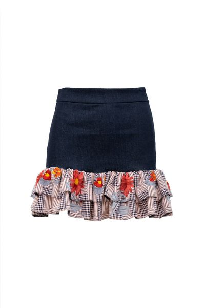 Fustă scurtă din denim elastic albastru cu 2 volane din vascoza cu flori portocalii Short Denim Ruffles Skirt - Dark Blue Denim & Orange Flowers